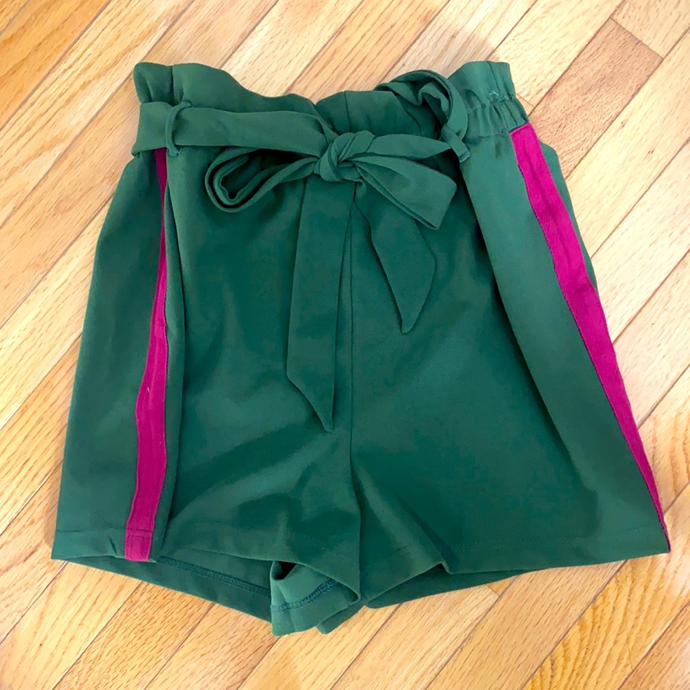 Green High Waisted Shorts with Pink Stripe | NEW